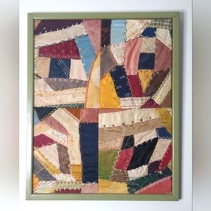 Vintage Framed CRAZY QUILT Sampler Handstitched Wallhanging Cottage Sewing